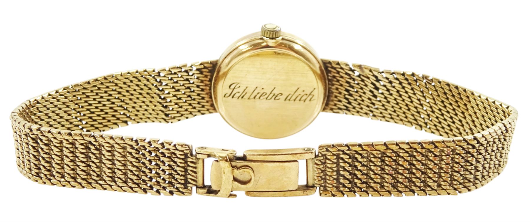 Omega ladies 9ct gold manual wind wristwatch, silvered dial with Arabic hour markers, back case engraved and hallmarked London 1966, on integral 9ct gold bracelet, hallmarked