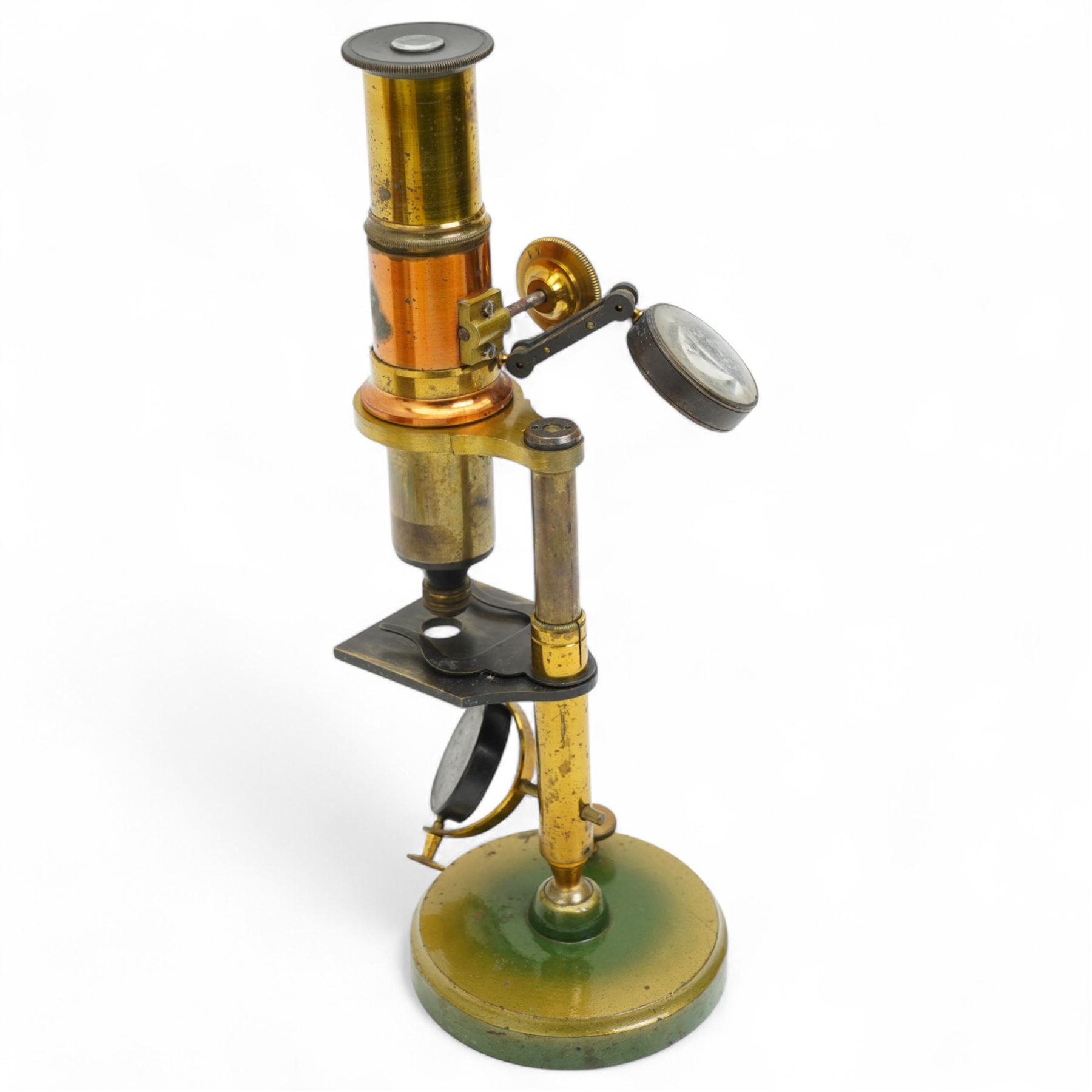 Late 19th century French brass microscope with rack adjustment in mahogany case 26cm x 10cm 
