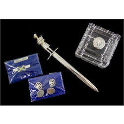 Shop stock: Scotland - pair of hallmarked silver thistle cufflinks, St Andrew brooch, silver  thistle mounted cube trinket box and a plated highlander desk knife