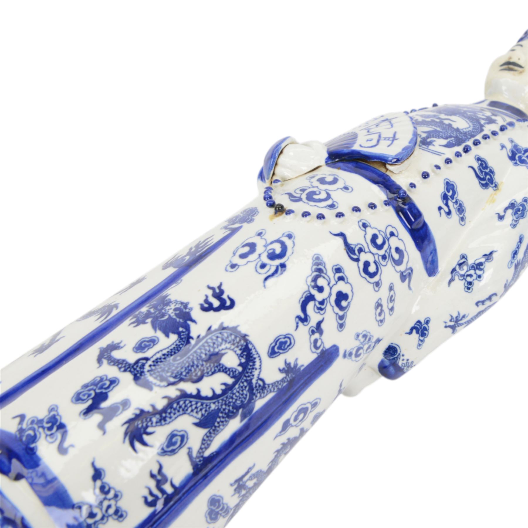 20th century Chinese blue and white porcelain figure of an Emperor, wearing a dragon decorated robe, seal marks beneath, together with blue and white figure of Shou Lao H54cm