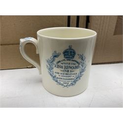 Collection of Victorian and later commemorative mugs, to include Queen Victoria 1887 Jubilee cup, Rd No. 64761, Royal Doulton Victory and Peace mug, 1919, Rd 666159, Royal Doulton King Edward VII blue transfer coronation, Royal Doulton 1937 George Coronation, Harrods Limited Rulers Of An Empire on Which The Sun Never Sets, Royal Worcester Victory in the Gulf, two Shelley examples, Spode limited edition Queen Elizabeth II Golden Jubilee etc in two boxes