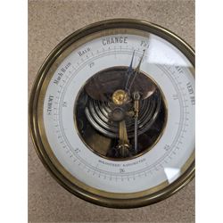Two wooden mantel clocks, including Elliott example and a brass cased Holosteric Barometer