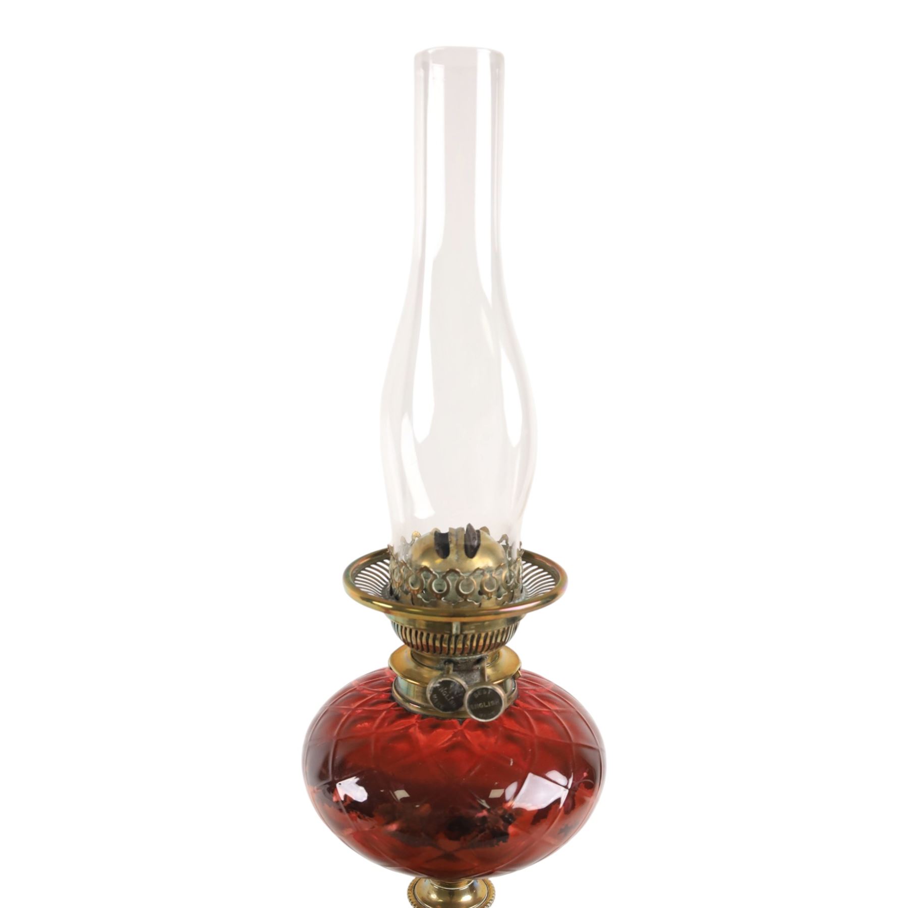 Victorian oil lamp, with etched shade with fluted rim, above a cranberry reservoir, on twisted brass pedestal and decorative base, together with cranberry glass jar, lamp H72cm 