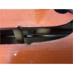 3/4 size cello with soft case, 69cm back length, 114cm full length, with bridge, ebonised tail piece and fingerboard.