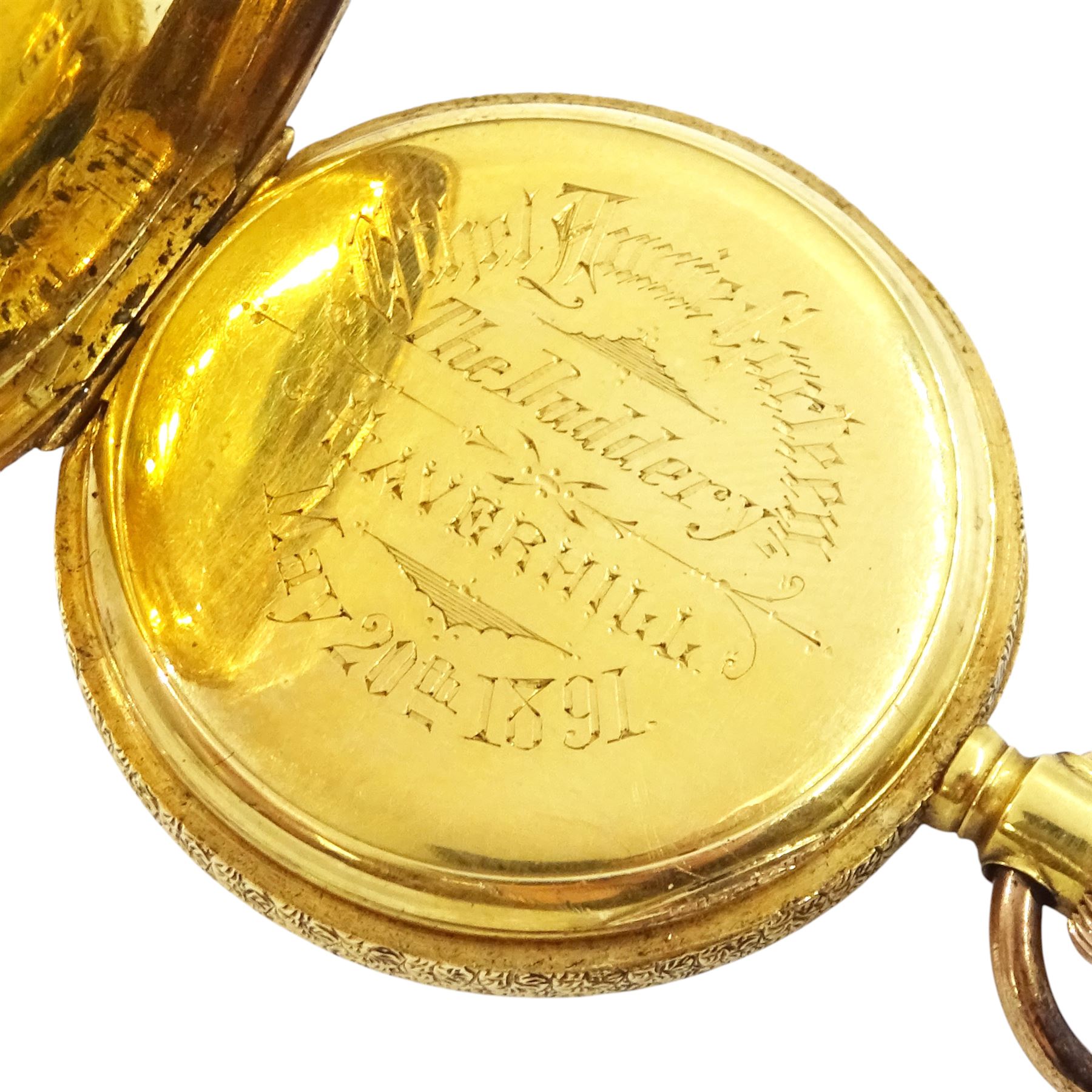 19th century 18ct gold open face keyless Royal lever presentation fob watch by American Watch Company, Massachusetts, No. 4571270, gilt dial with Roman numeral hour markers, back case with engraved decoration, stamped 18c with Helvetia hallmark