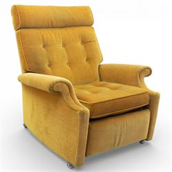 Parker Knoll - Golden yellow velour recliner, raised on castors