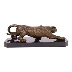 After Milo - bronze modelled as a crouching panther, upon a marble base, H14cm, L
40cm