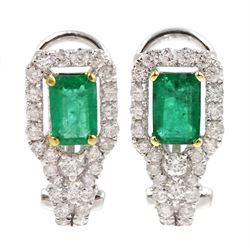 Pair of 18ct white gold emerald and round brilliant cut diamond stud clip earrings, stamped 750