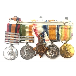  Queens & Kings South Africa to WW1 medal group with Wittebergen, Transval, Modder River, Belmont South Africa 1901 & 02 clasps to 5792 Pte.J.Whitley. 2: Yorks: Lt.Inf, later 17365 Cpl(A.Sjt.) J.Whitley later Sjt. Yorks.L.I, with ribbons on medal bar, (5)   