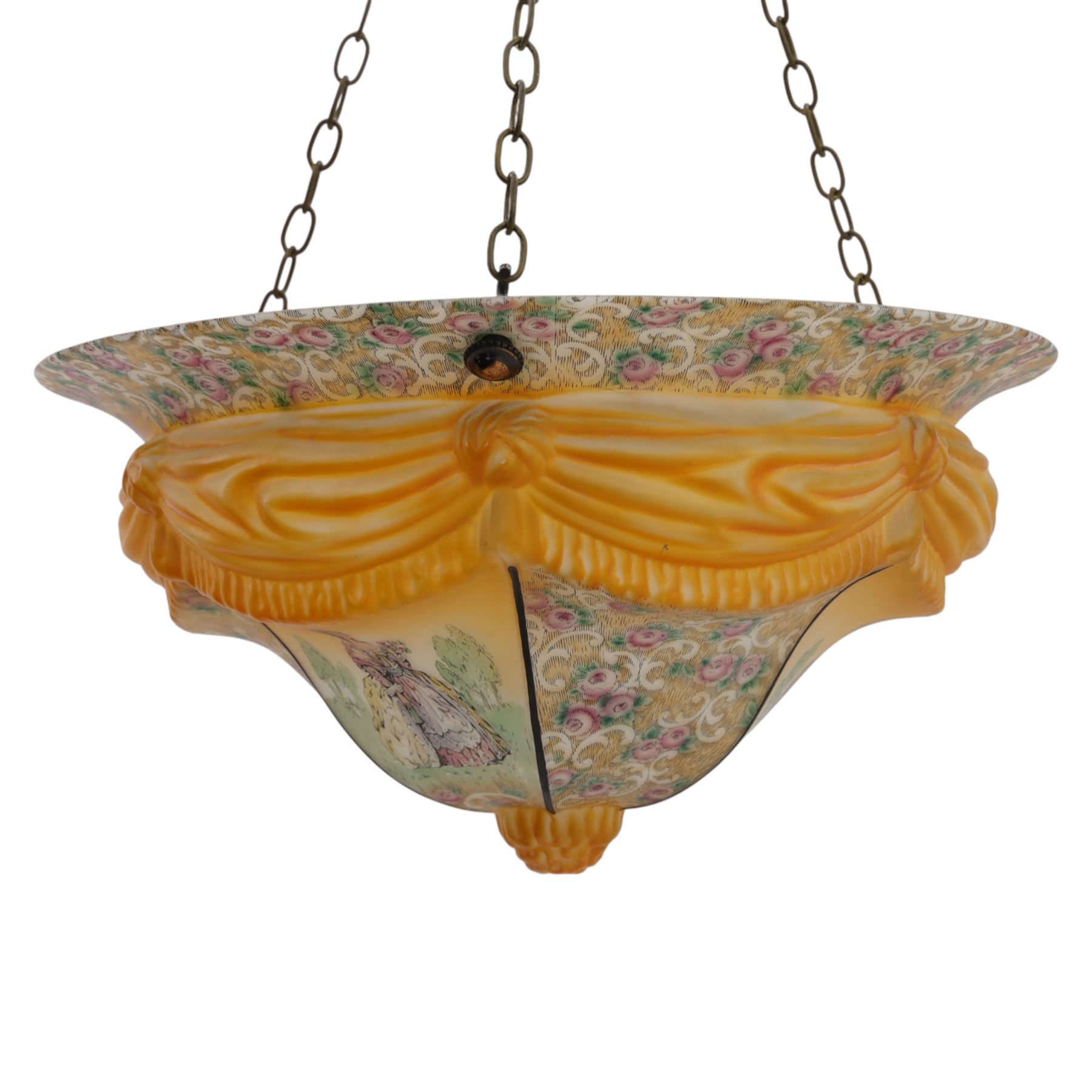  Early 20th century painted glass ceiling light fitting, the domed shade decorated with figural panels alternating with scrolling foliate and floral reserves, centred by a moulded knop finial, in amber and pastel tones
