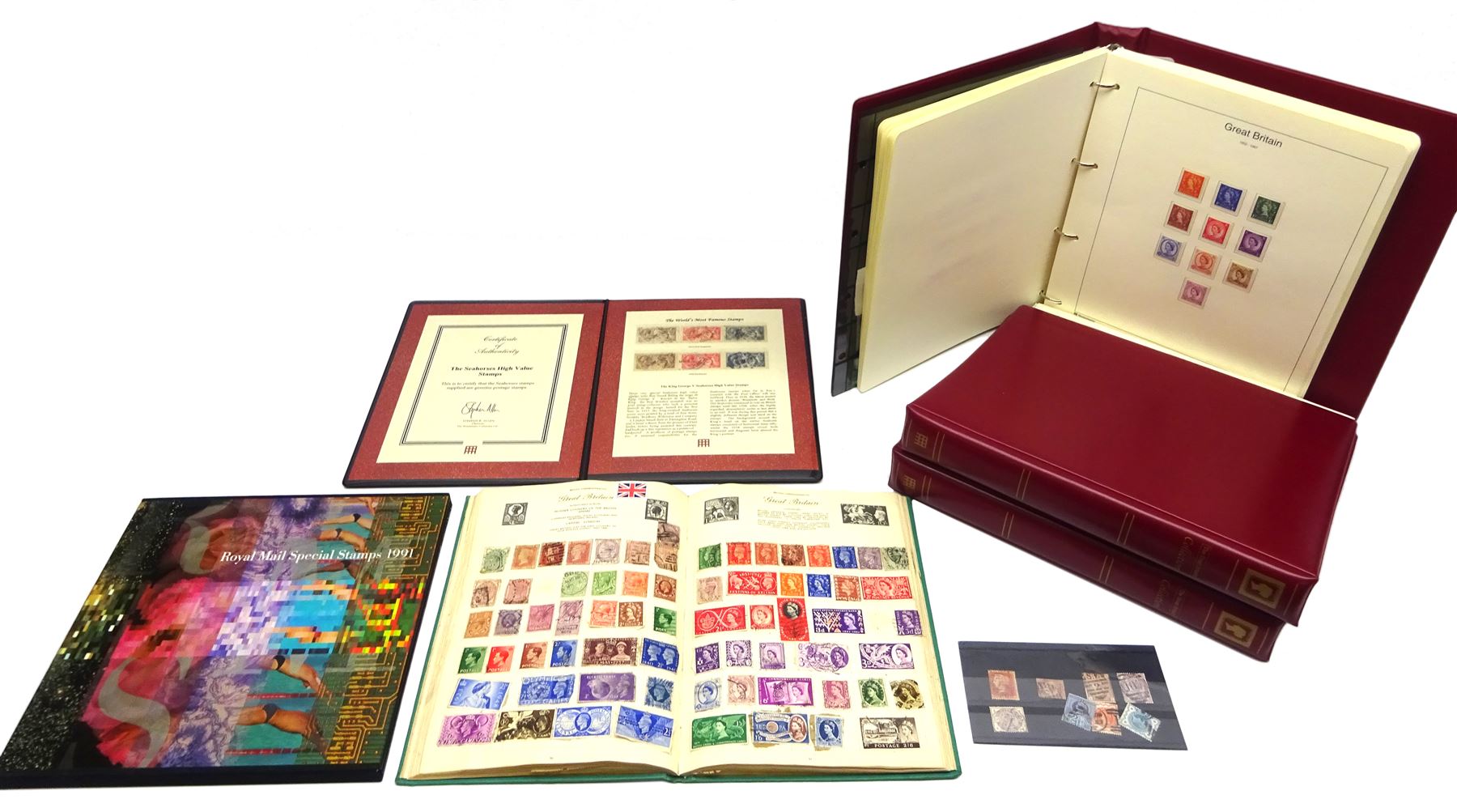 Stamps including 'The Seahorses High Value Stamps' in Westminster folder, various Queen Victoria and later Great British stamps, small number of Queen Elizabeth II mint decimal stamps, 'Royal Mail Special Stamps 1991' etc