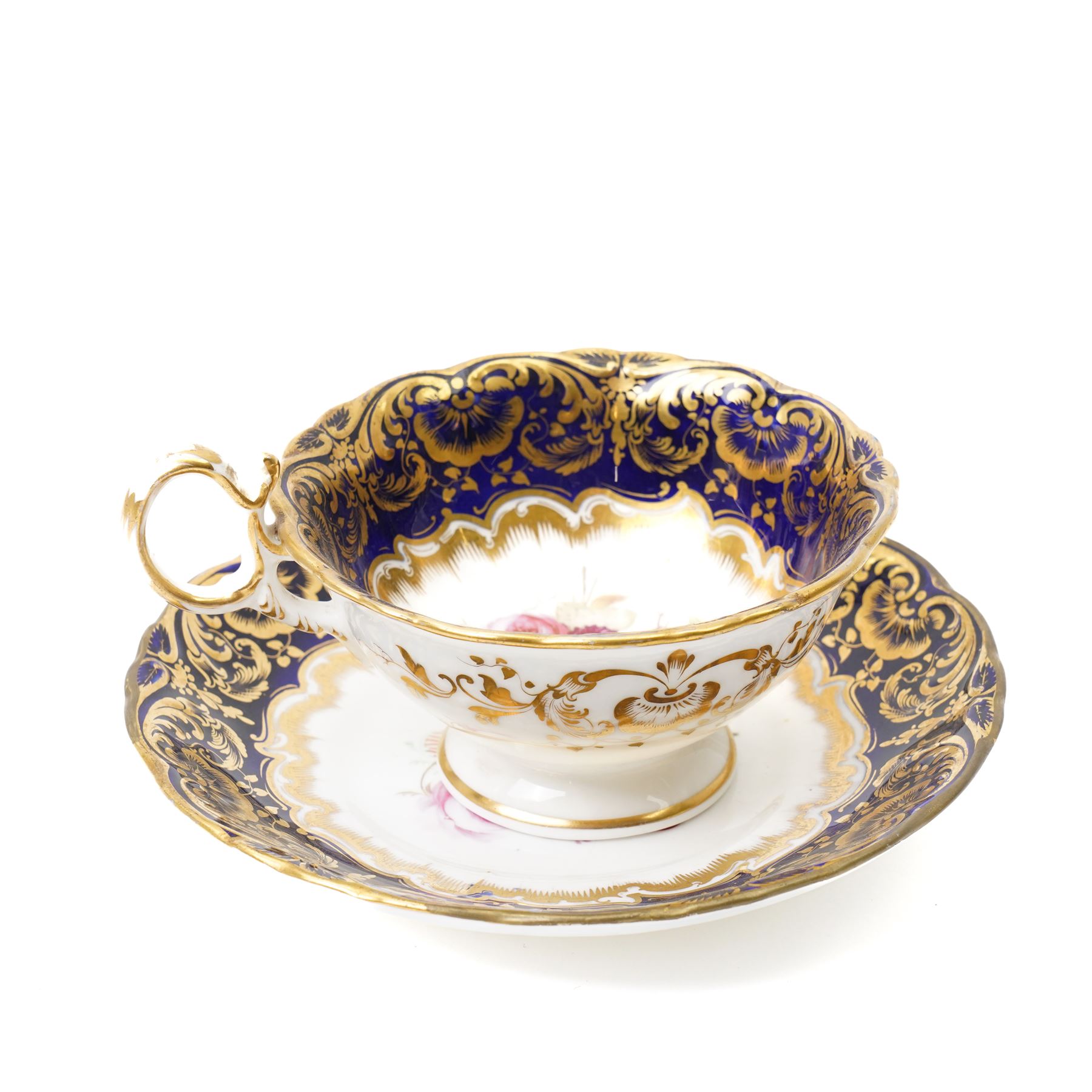 Grainger Lee & Co Worcester teacup, together with a collection of cobalt blue cabinet cups and saucers,  including a Royal Doulton hand-painted example by E Percy, and various others 19th century and later, mostly unmarked (7 pairs)