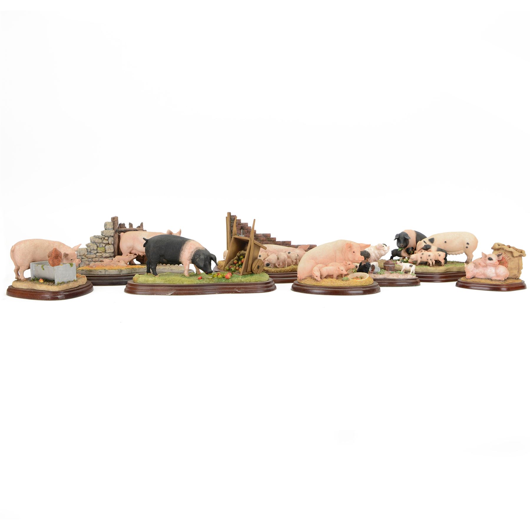 Eight Border Fine Arts pig figures, including Leave Some for Me, model A9792, Upsetting the Apple Cart, model A7935, Hog Heaven, model A1015 etc