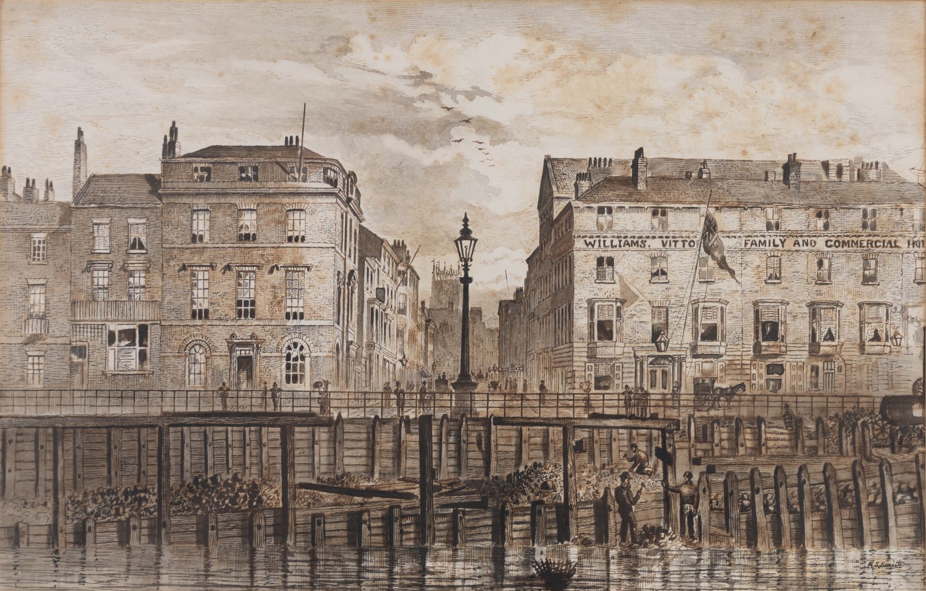 Frederick Schultz Smith (Hull 1860-1925): 'View of the South End & Portion of the New Pier in Progress of Reconstruction', monochrome watercolour and ink signed, titled verso 19cm x 29cm 