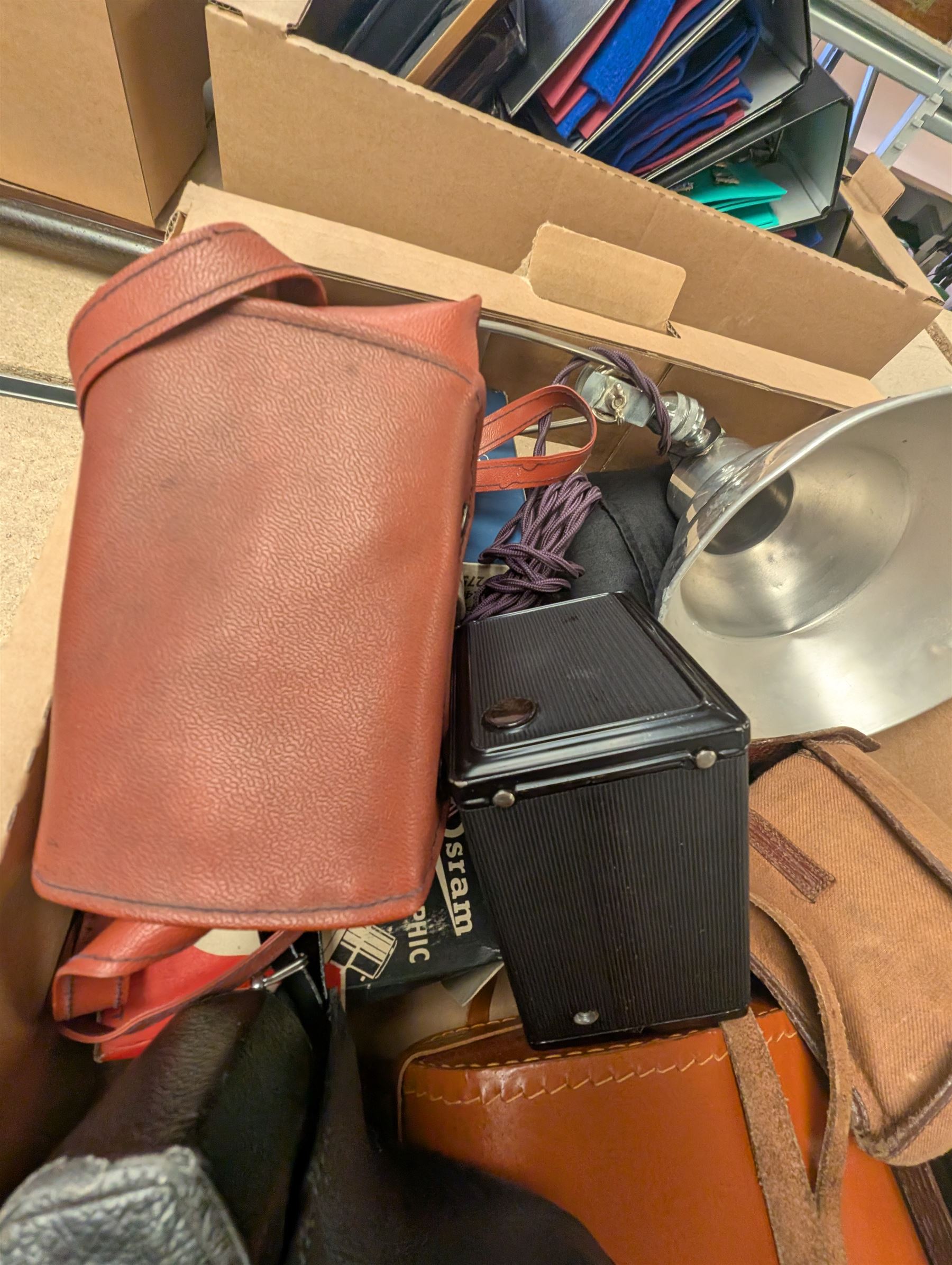 Collection of vintage cameras and photography equipment, including Minolta Riva Pico camera, Ensign Ful-VUe camera, Agfa Synchro Box, Yashica TL-Electro SLR Camera, pair of Ajaz 10x50 binoculars, etc