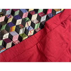 20th Century silk and satin tumbling blocks pattern patchwork quilt with black border 228cm X 196cm