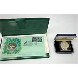  Queen Elizabeth II Cook Islands 1977 five dollars commemorative coin and stamp first day cover and five commemorative Silver Wedding Anniversary coins from various Countries, all being dated 1972, each individually cased (6)  