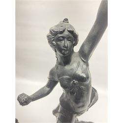 Pair of spelter figures, Le Force and Le Pouvoir, modeled as figures standing on lions, arms held aloft, H51cm 