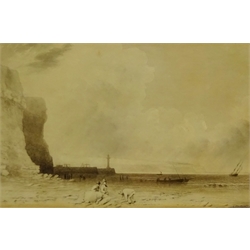George Weatherill (British 1810-1890): 'Coast View near Whitby', monochrome watercolour signed and dated 1838, 16cm x 25cm