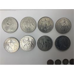 Mostly Great British commemorative coins, including crowns, 1993 five pounds, Beatrix Potter and other similar Queen Elizabeth II fifty pence pieces, commemorative two pound coins etc