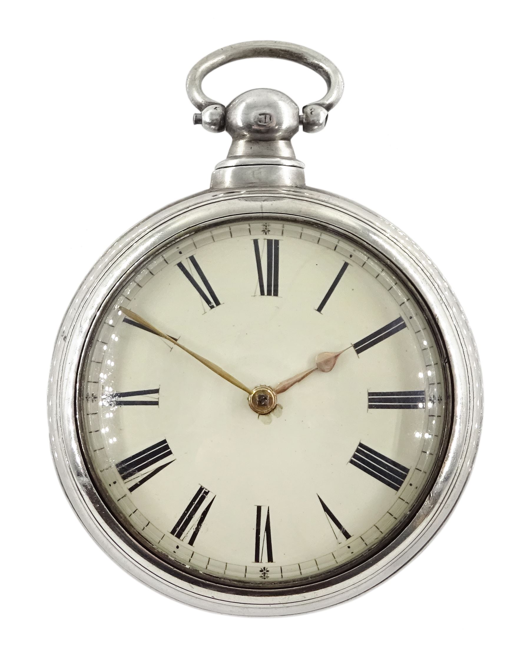 Victorian silver pair cased pocket watch by William Smith, Huddersfield, No. 533, round pillars, pierced and engraved balance cock decorated with a mask, cream enamel dial with Roman numerals, case by Vale & Rotherham, Birmingham 1835