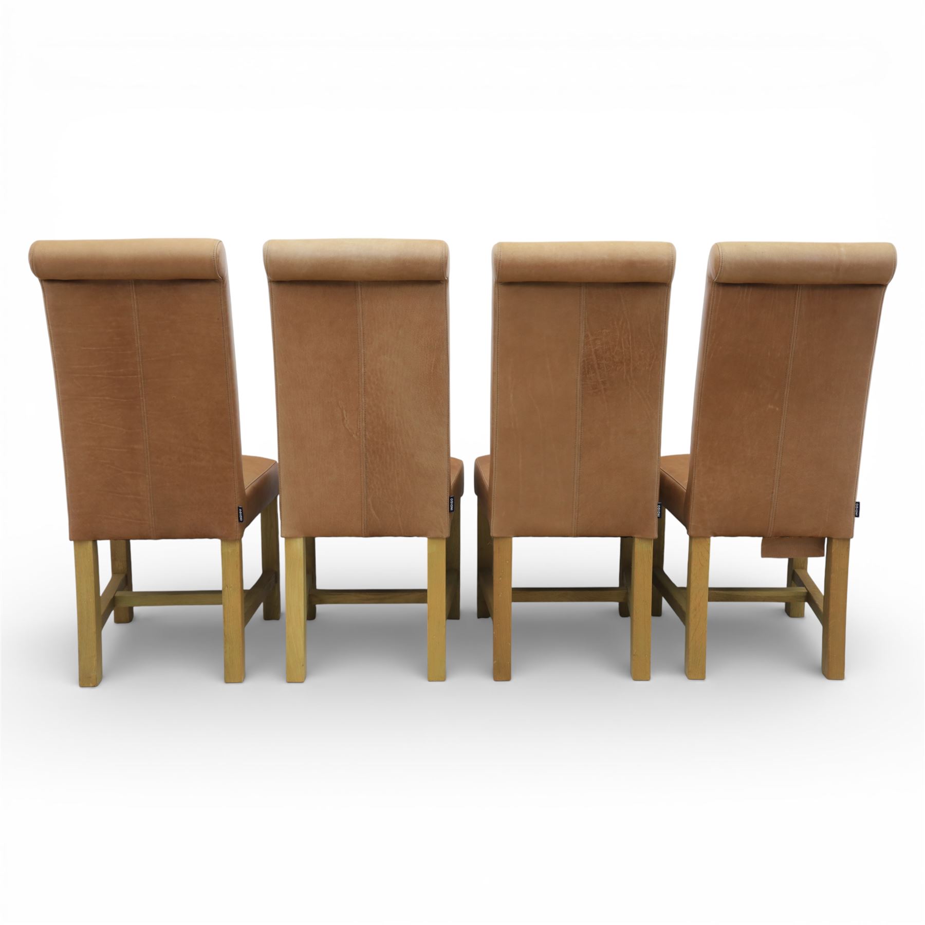 Modern large oak plank top dining table and twelve brown leather high back chairs, table of rustic construction five solid planks with exposed supports, the chairs in brown leather hide with ten standard height and a pair of taller chairs for the foot and head of the table