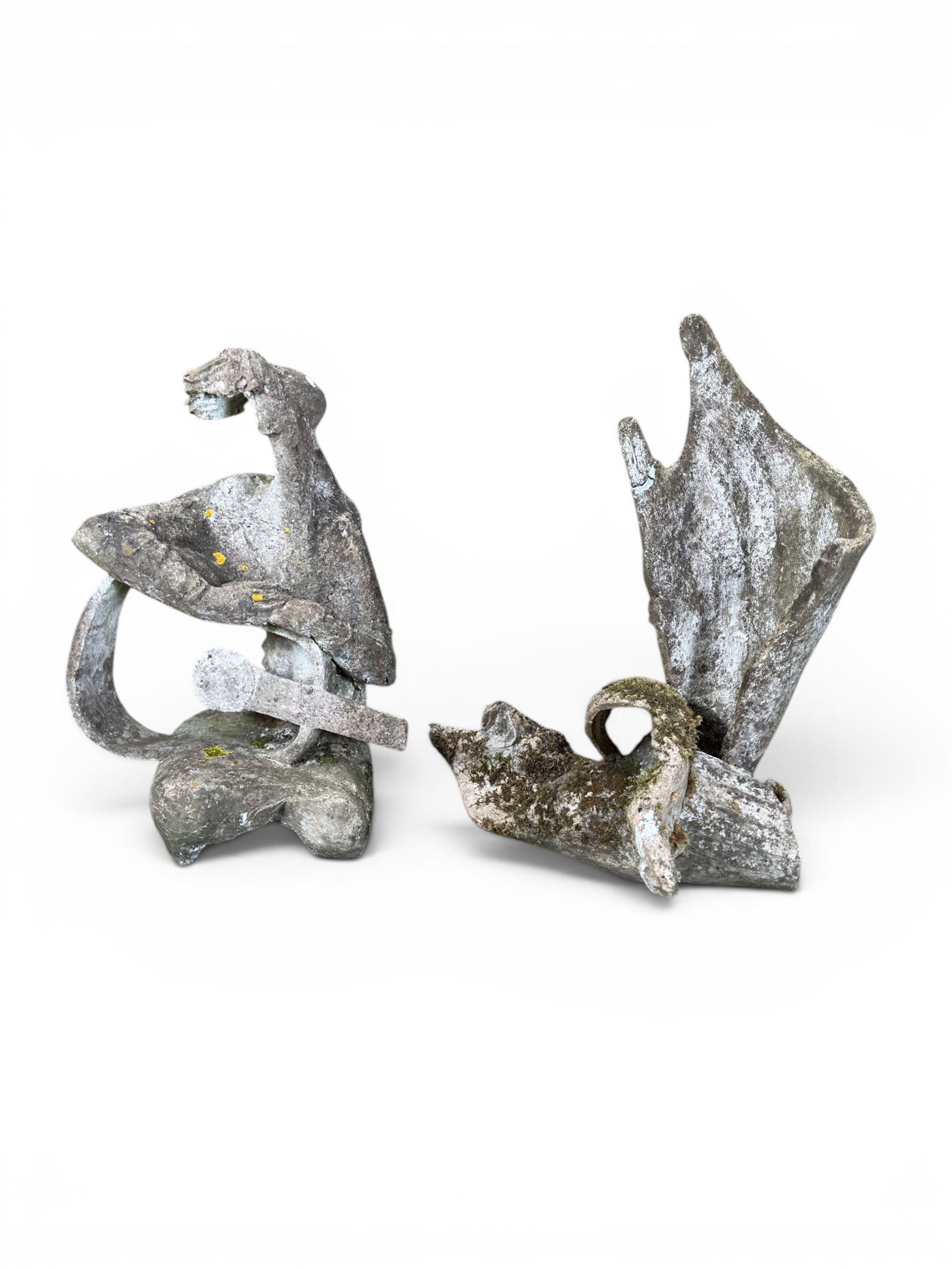 Composite stone sculptured figure playing a guitar, and a shell sculpture (2)