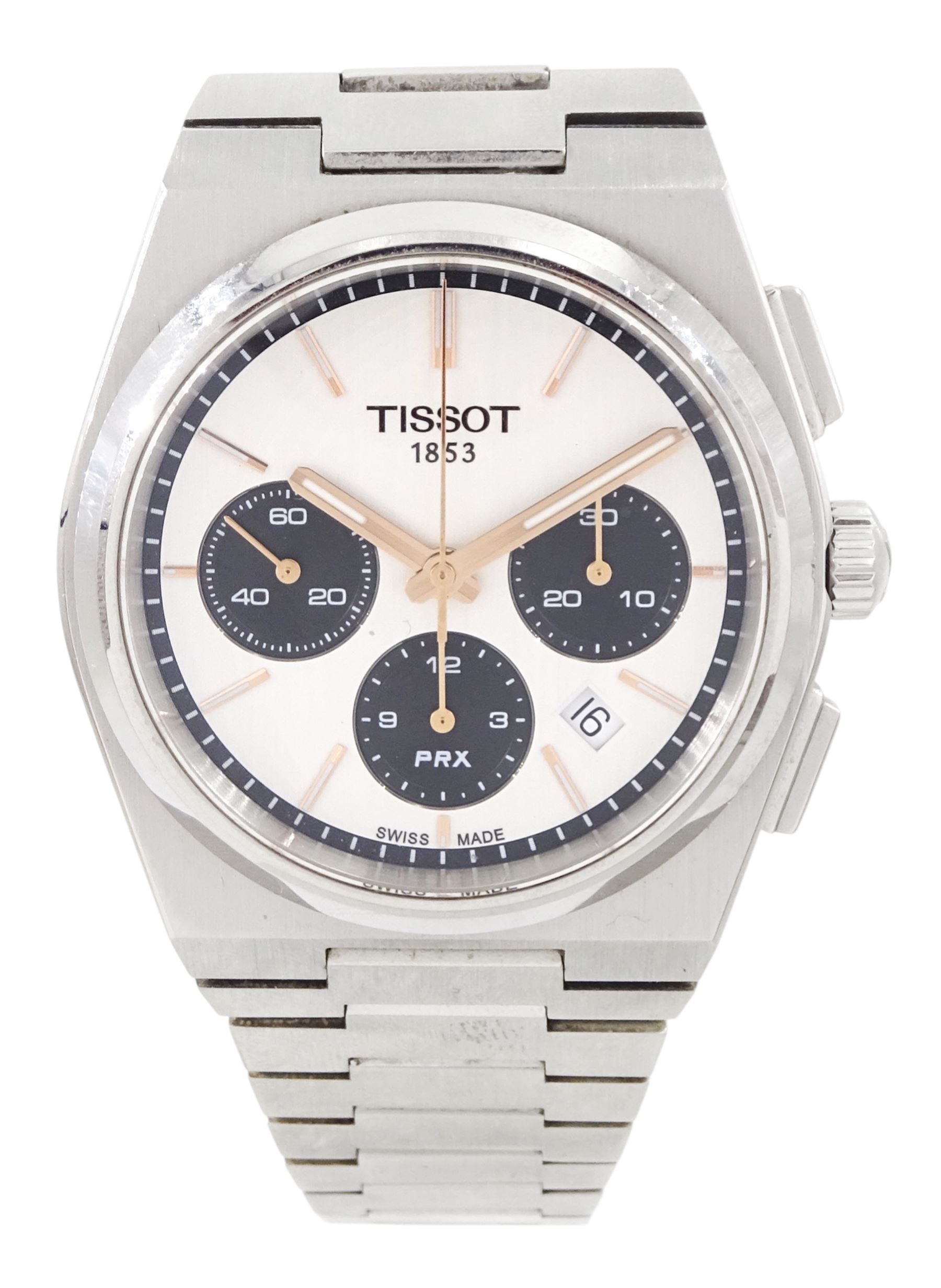 Tissot PRX gentleman's stainless steel automatic chronograph wristwatch, Ref. T137.427.11.011.00, silvered white dial with black subsidiary dials and date aperture, on stainless steel bracelet, boxed with additional links and invoice dated 2022