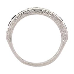 18ct white gold round brilliant cut diamond and calibre cut sapphire half eternity ring, London 1972, total diamond weight approx 0.30 carat