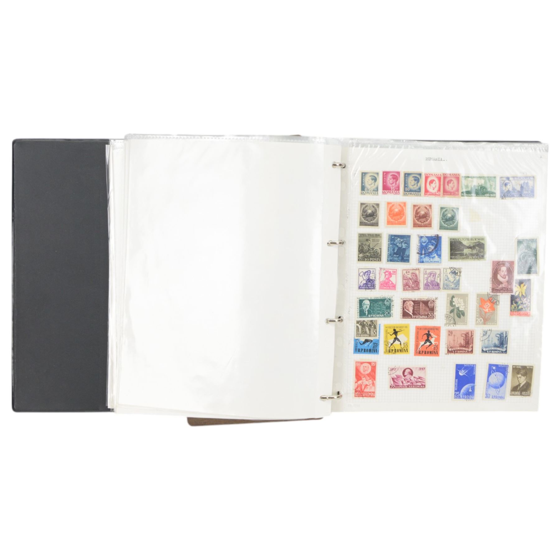 World stamps including Aden, Brunei, Rwanda, Spain, Ireland, Italy, Japan, Hungary, Germany, France, Portugal, Namibia, Netherlands, New Zealand, St Lucia, Malaysia etc, housed in ten ring binder folders
