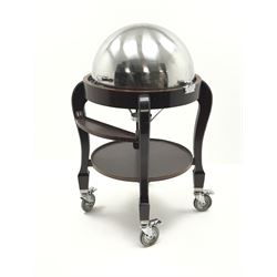 20th Century mahogany and plated carvery trolley , with folding dome shape cover, on four shaped supports joined by an 'X' shape stretcher with undertier 