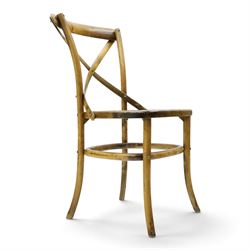 Set of four Oka style rattan dining chairs, bentwood frames inset rattan seat