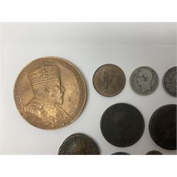 King Edward VII 1902 coronation medallion, Queen Victoria 1887 half penny coin, Germany 1887 and 1904 one mark coins, various other World coins etc