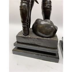 After Etienne-Henri Dumaige (1830-1888): 'Avant de Combat Volontaire de 1792' and 'Apres de Combat Grenaider de 1792', pair of large bronze figures modelled as French Revolutionary soldiers, each upon rectangular stepped black marble base, signed E H Dumaige, Paris 1888, tallest example H68.5cm
