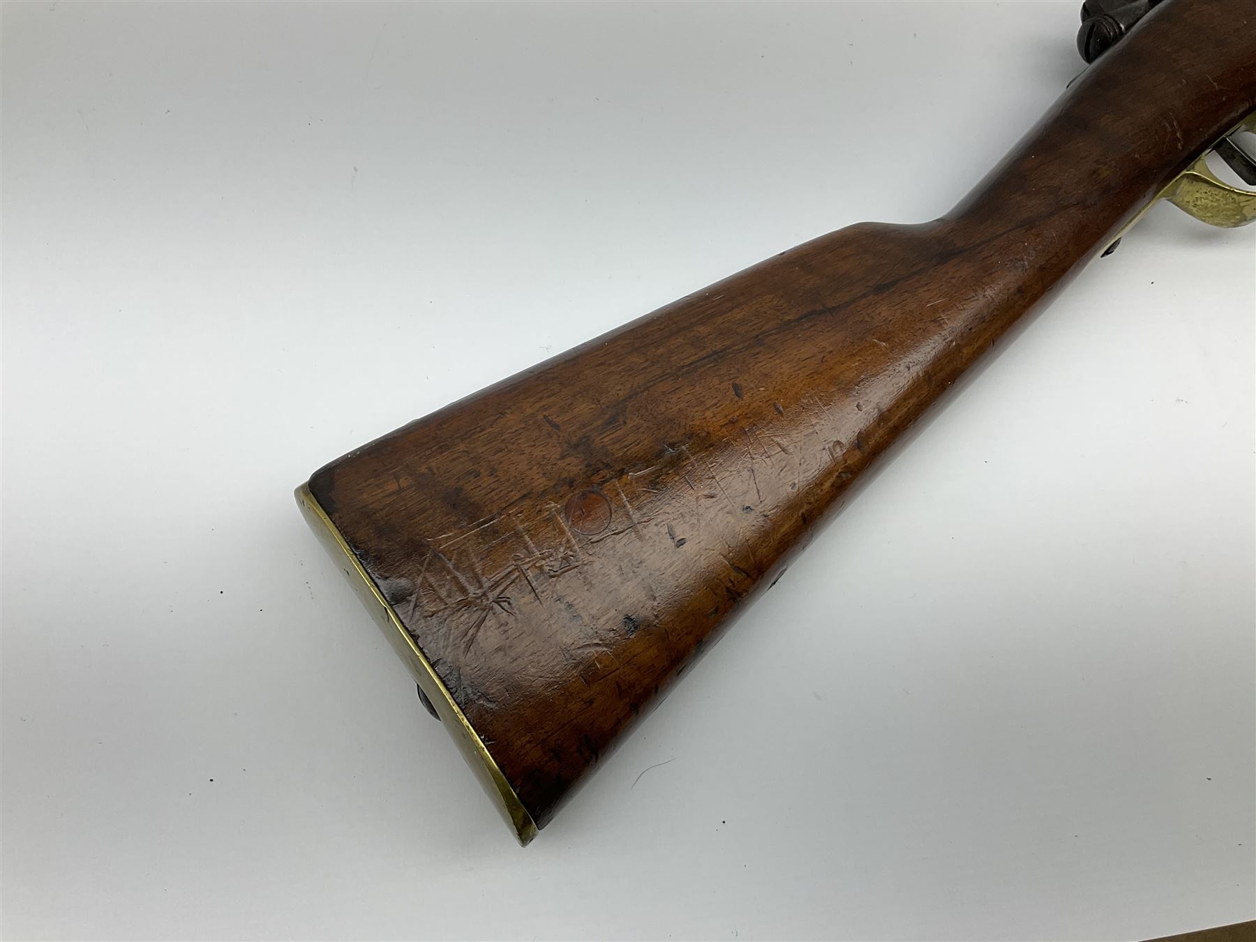 French Model 1866 Chassepot 11mm bolt-action needle fire rifle, the 70.5cm barrel stamped with various proof marks, the action inscribed 'Manufacture D'Armes St. Etienne Mle 1866-74', walnut full stock with brass mounts, stock stamped 8798, under barrel ramrod and two sling swivels L117cm