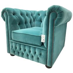 Sofas by Saxon - Chesterfield shape armchair, upholstered in buttoned aqua blue velvet fabric