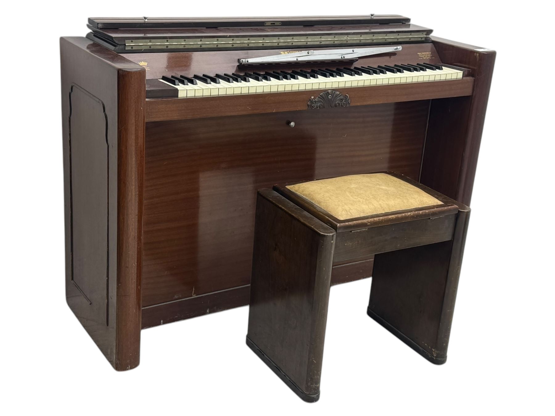 Evestaff - Minipiano early 20th century mahogany cased upright piano, with stool, compact upright form with streamlined mahogany case, full keyboard over two brass pedals, together with matching piano stool