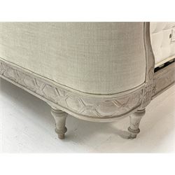 Graham & Green Evelyn - French style Kingsize 5' bedstead upholstered in natural light grey linen, moulded and carved grey finish frame, on turned supports, with 'Hamilton & James' 2000 pocket and naturally filled mattress 
