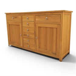 Solid oak sideboard fitted with drawers and cupboards, central bank of six drawers, metal pulls 
