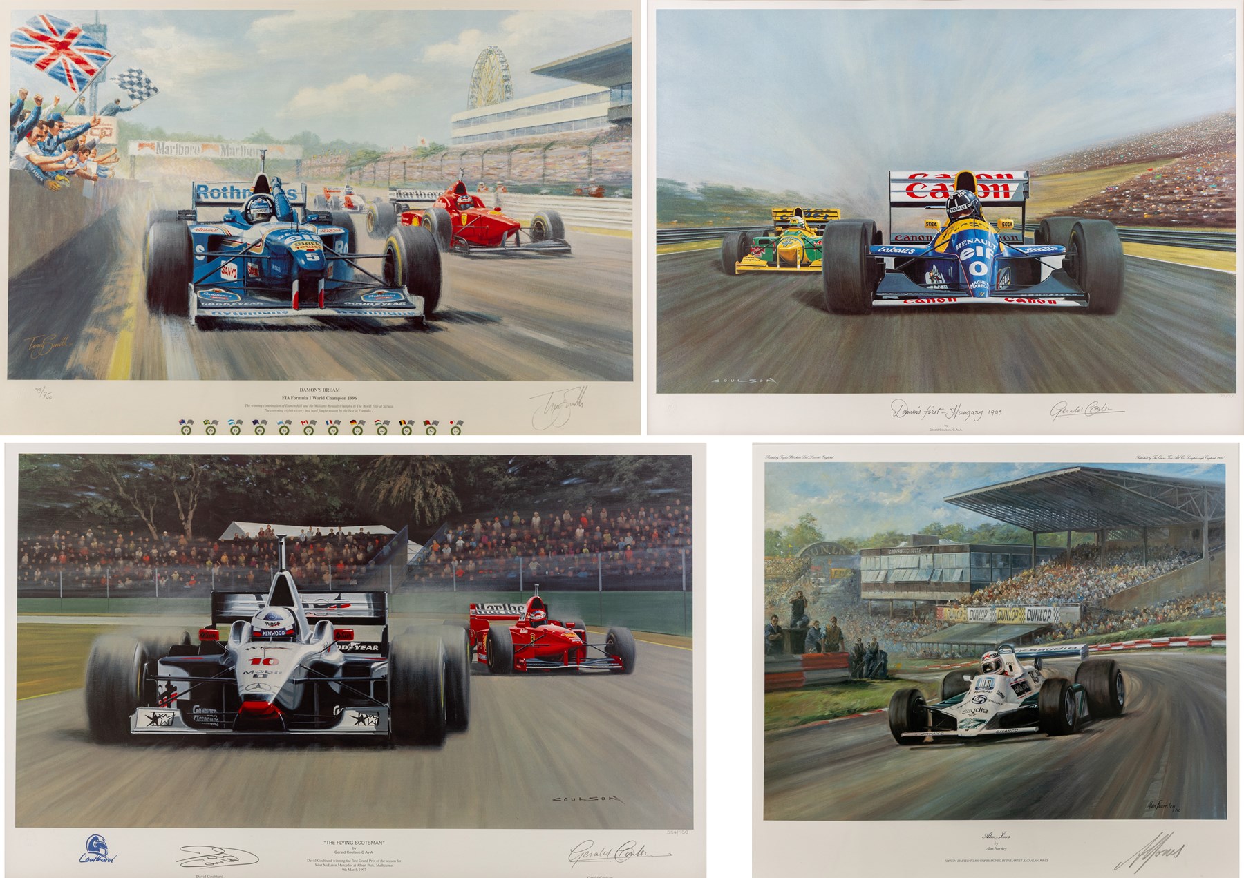 After Gerald Davison Coulson (British 1926-2012): ‘The Flying Scotsman’ and ‘Damon’s First – Hungary 1993’, together with Alan Fearnley (Yorkshire 1942-): ‘Alan Jones’ and Tony Smith (British 20th Century): ‘Damon’s Dream’, set of four limited edition Formula 1 themed prints signed and two signed by drivers David Coulthard and Alan Jones in pencil max 40cm x 61cm (4)