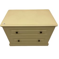 Cream finish two drawer chest W86cm, and matching bedside chest W56cm