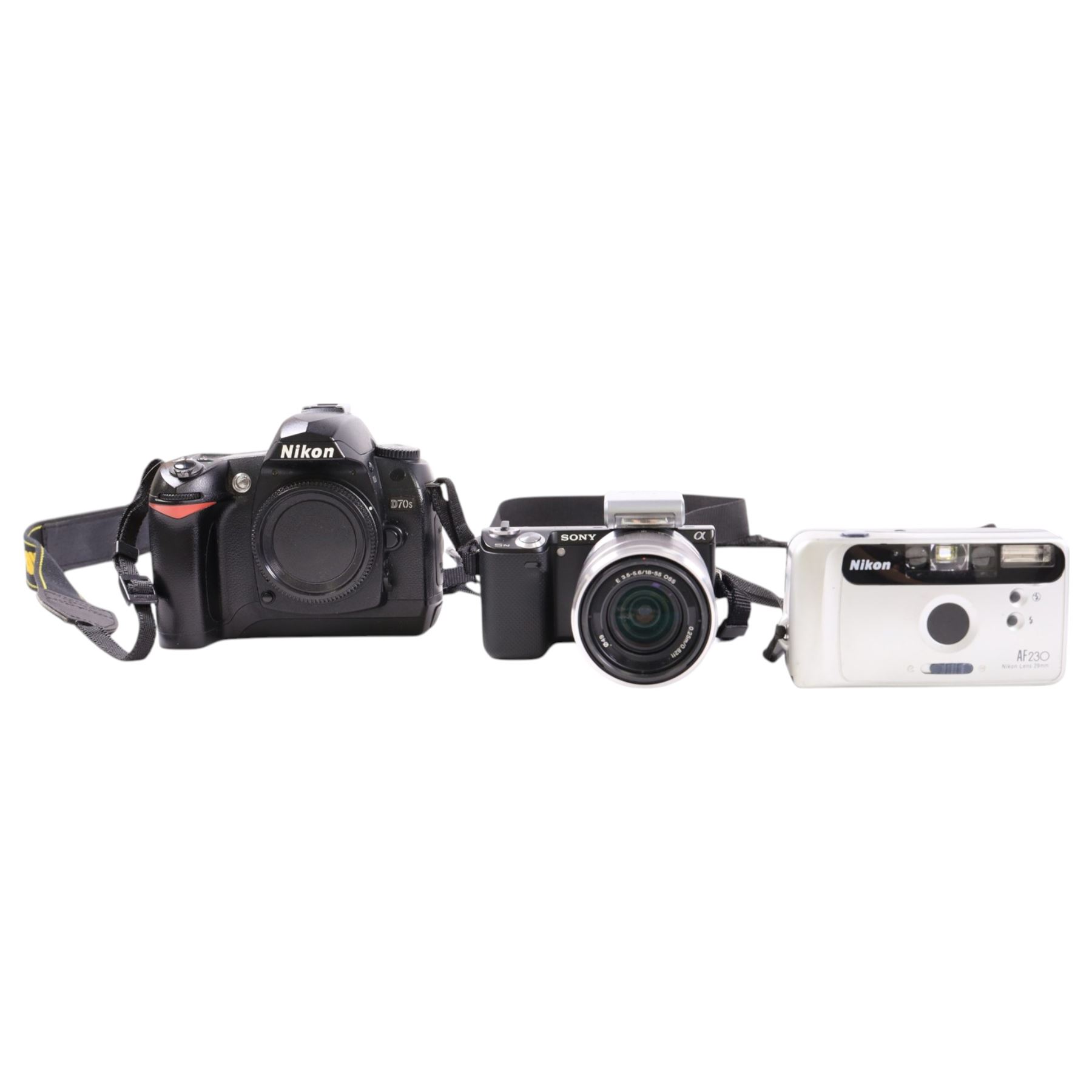 Sony NEX-5N mirrorless digital camera, serial no. 5708532, with a 0.25m/0.82ft E 3.5-5.6/18-55 OSS lens, together with a Nikon D70s camera body, Nikon AF230 and a Nikon 35-80mm lens