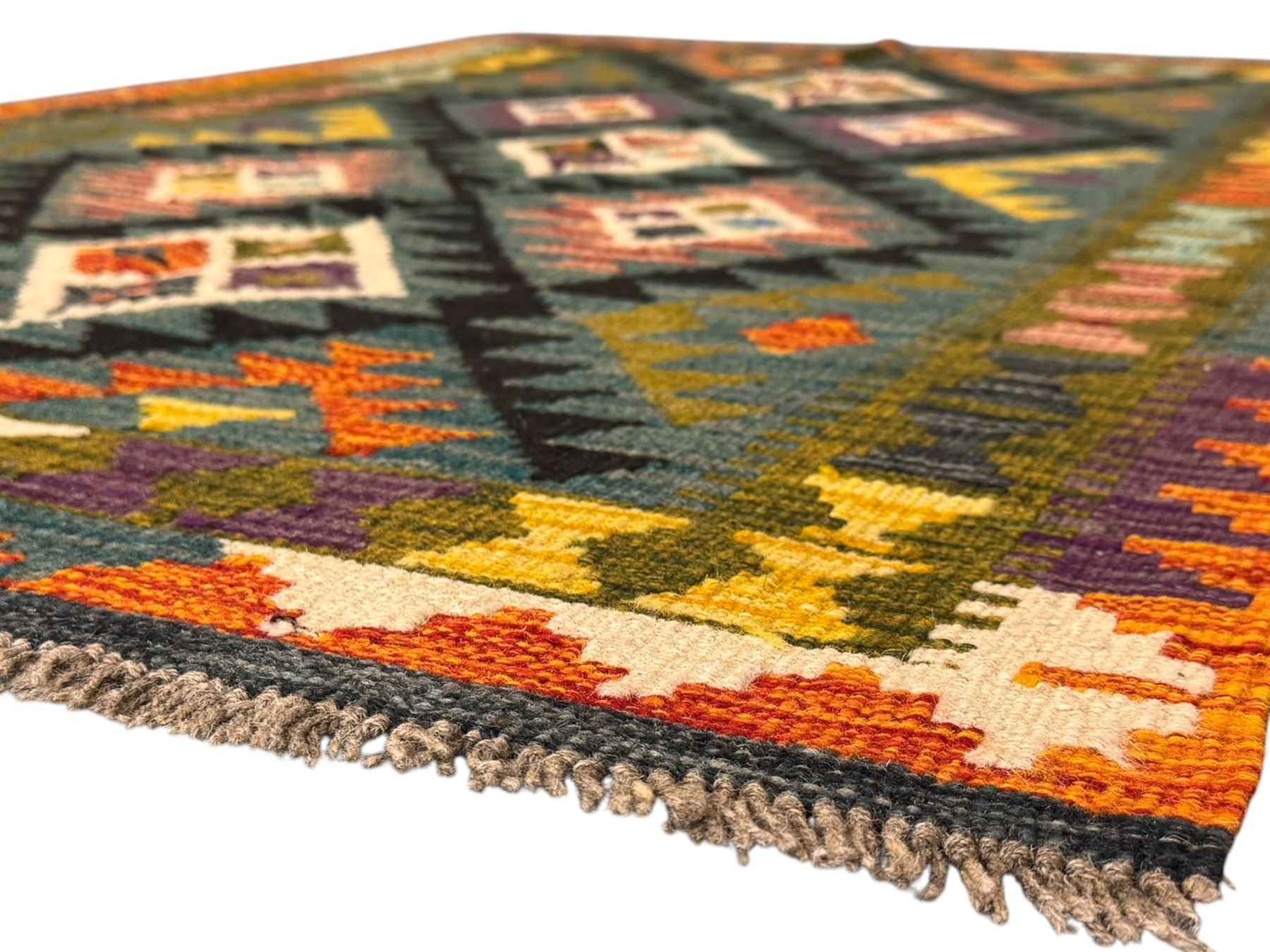 Afghan Maimana Kilim flatweave rug, teal ground with a vibrant multicoloured diamond lattice, framed by stylised border motifs and finished with fringed edges