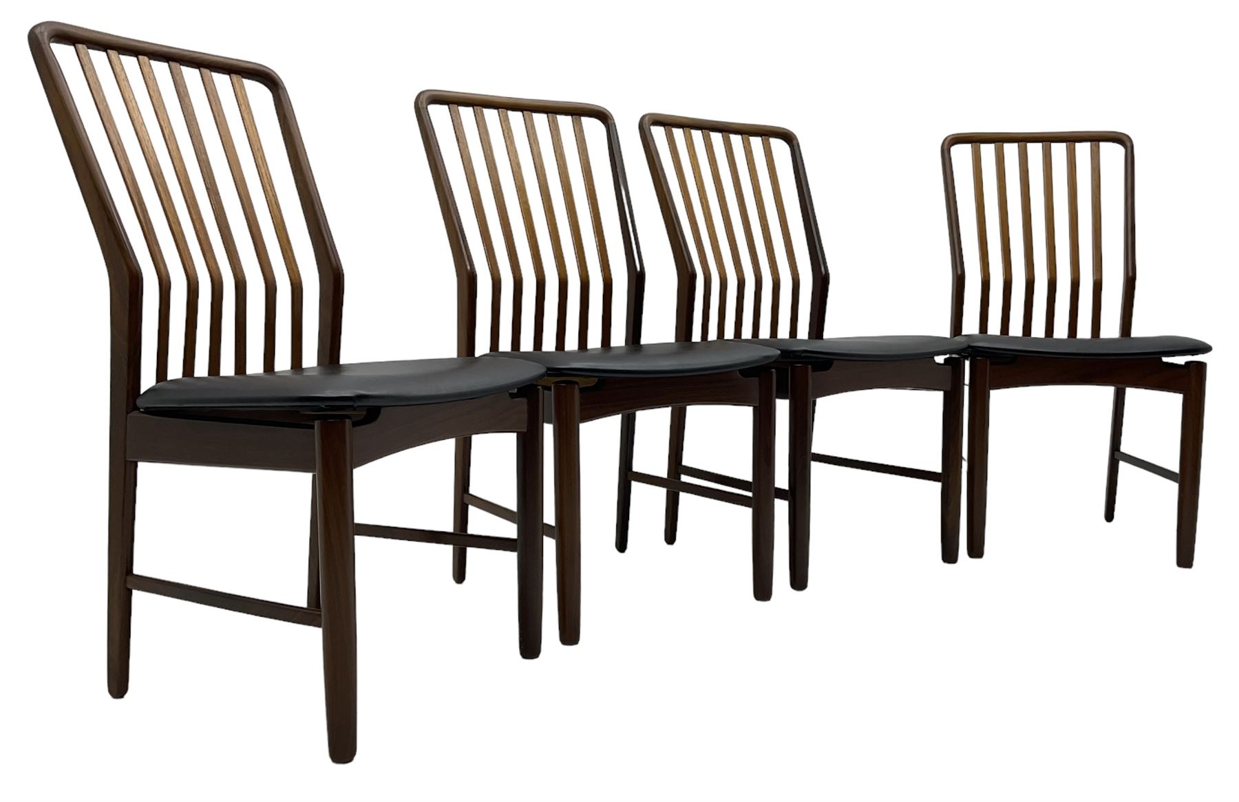 Svend Aage Madsen for Moreddi - set of four teak dining chairs, angular vertical slat back over upholstered seat, on turned front supports 