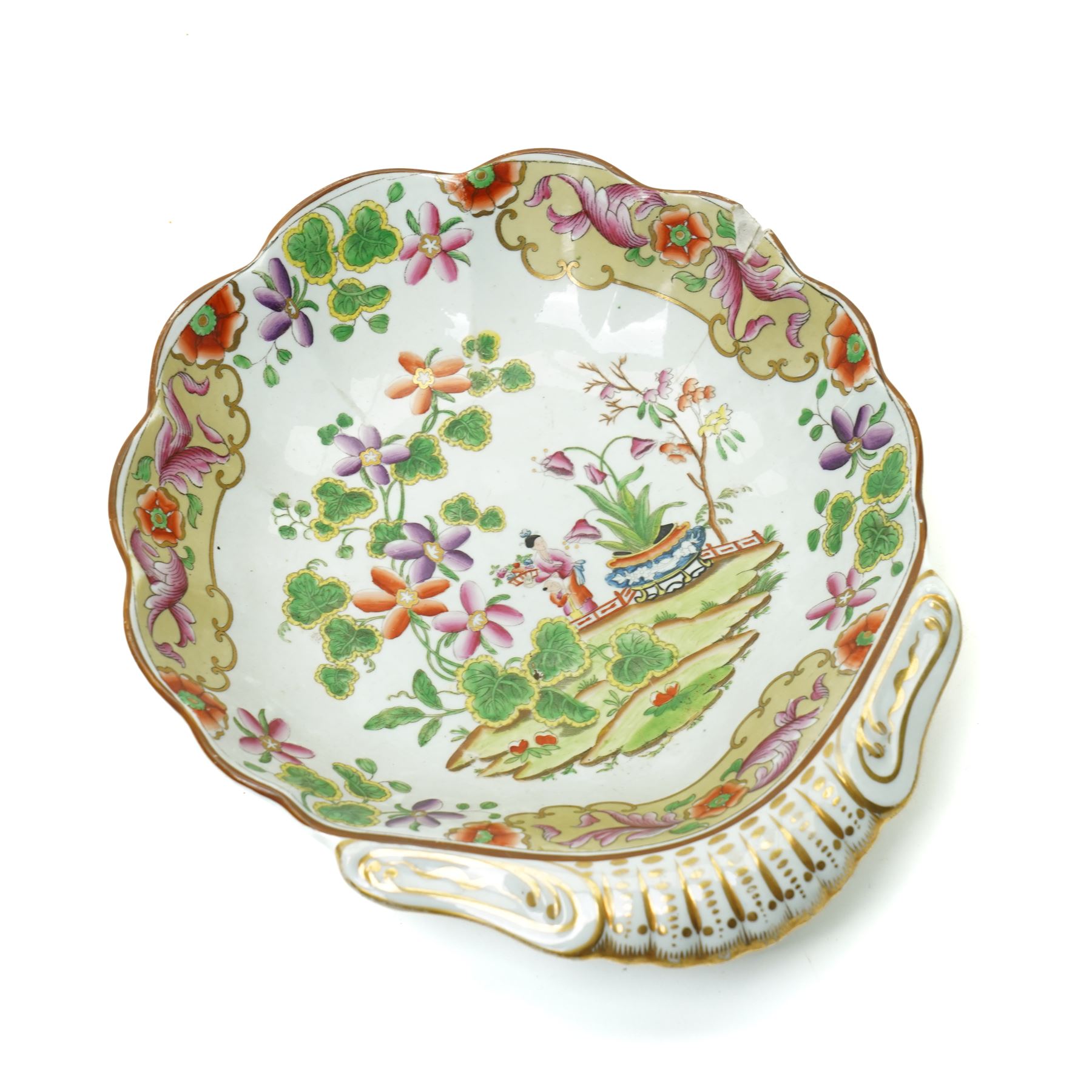 19th century Spode New Stone China dessert service, comprising sauce tureen with cover stand and ladle, large two handled serving dish and smaller example, two others, and seven plates, with chinoiserie decoration, impressed marks to bases 