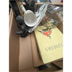 Japanese tea service, wash jug and bowl, Metamec mantle clock, table lamp with shade, and other ceramics and collectables, in four boxes