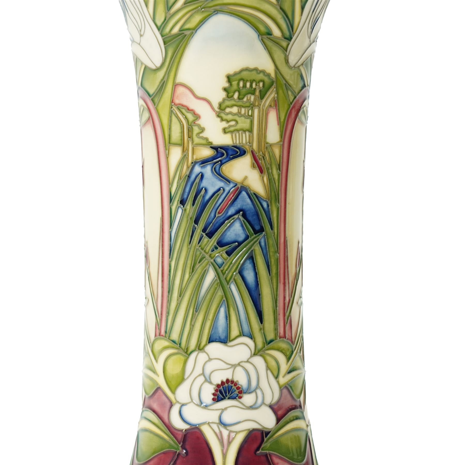 Moorcroft Fountains Abbey pattern vase, of cylindrical form with flared neck, designed by Philip Gibson, with impressed and painted marks to base, with original box, H25cm