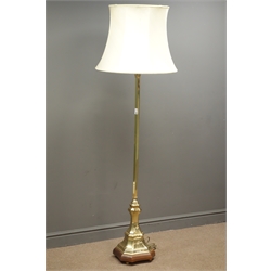  Brass standard lamp, faceted column, square wooden base with canted corners, H145cm  