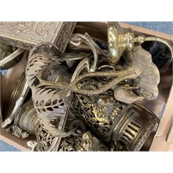Assorted metal ware, to include pair of pierced vases with lion mask handles, brass box, Art Nouveaux style mirror, doorstop fronts, etc., in one box 