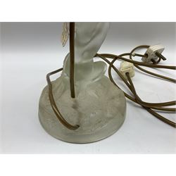 Art Deco 1930's frosted glass lamp in the form of a kneeling lady with globular glass shade, H40cm